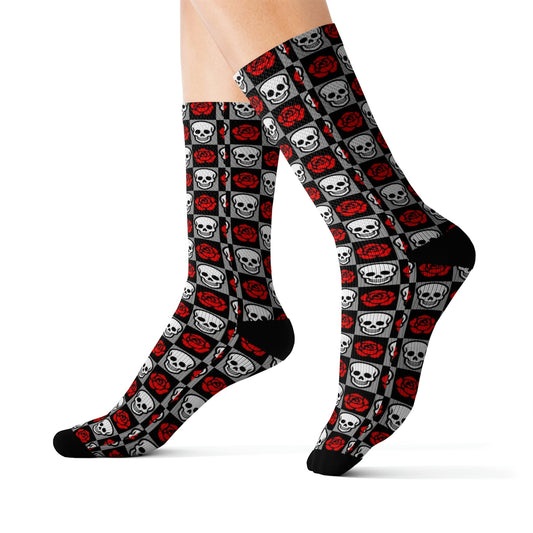 Skull Rose Checkered Socks - Dope Sox All Over Prints